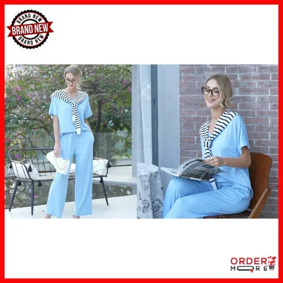 Soft 2-Piece Lounge Set Short Sleeve Top Long Pants S-XXL